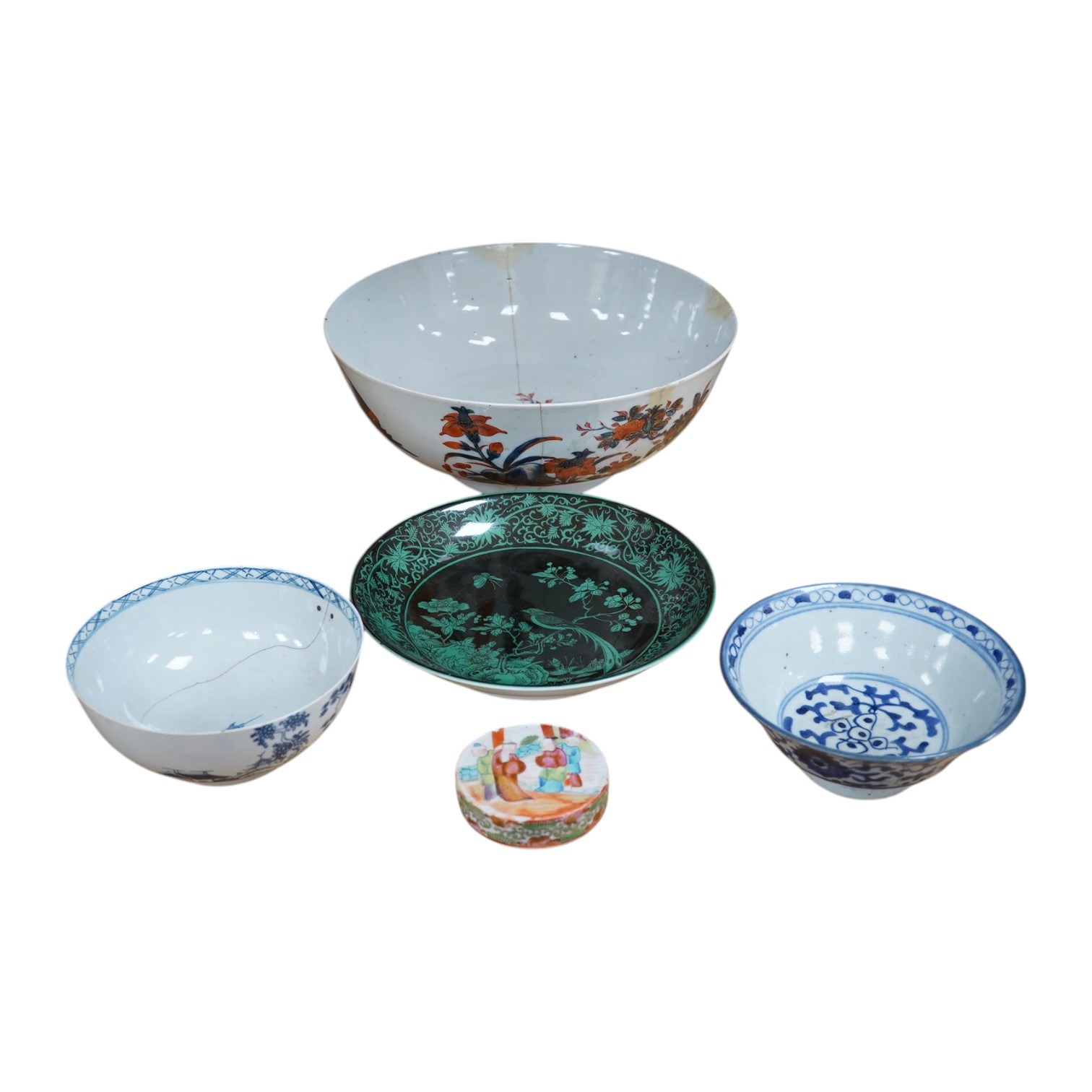 Chinese porcelain to include a famille noire dish and Imari bowl together with an 18th century English blue and white slop bowl, largest 27cm in diameter. Condition - varies